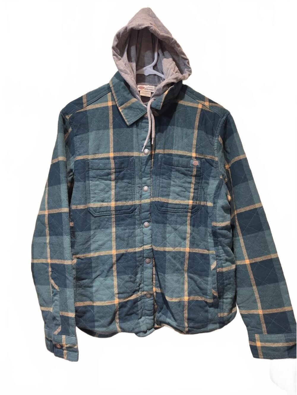 Dickies Women Quilted Plaid Flannel Jacket Shirt with Hood Size L Green/tan